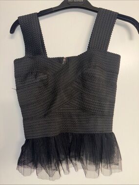 Black Textured Peplum Tank Top with Tulle Hem